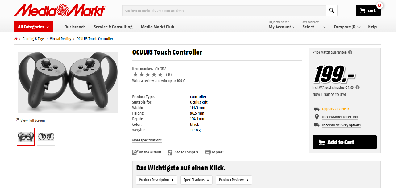 Duitse Media Markt website onthult prijs & releasedatum Oculus Touch