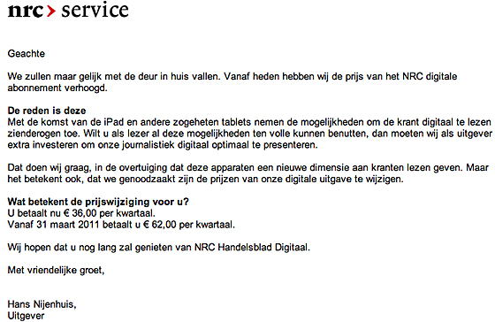 NRC Digitaal wordt 72 procent duurder