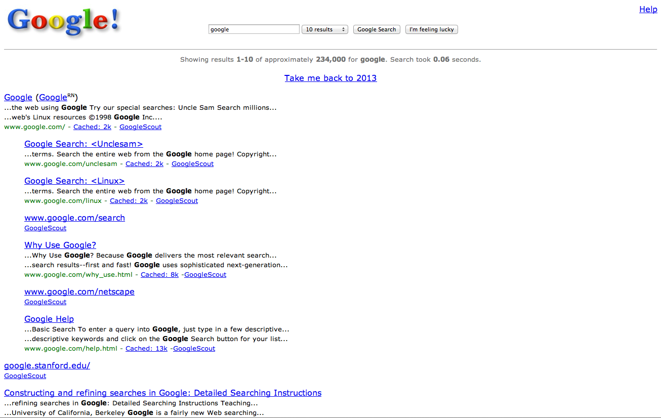 Google in stijl van 1998 via Easter Egg