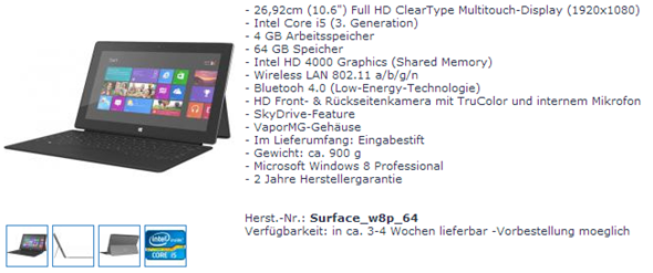 Duitse webshop toont prijs Surface Pro