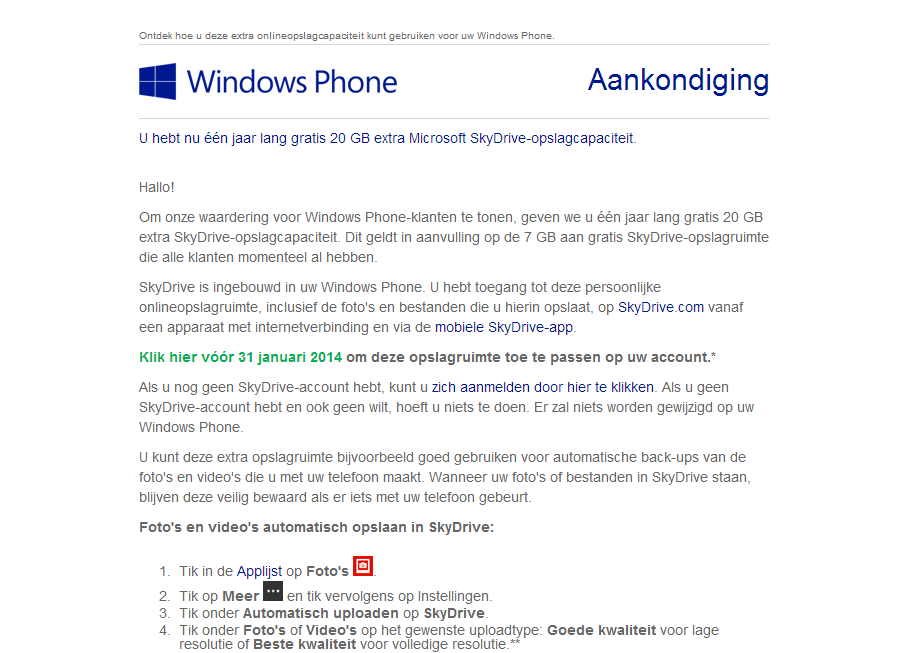 20GB SkyDrive extra voor Windows Phone-gebruikers