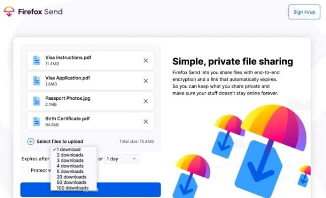 Firefox Send laat je versleutelde bestanden van 2,5 gigabyte delen