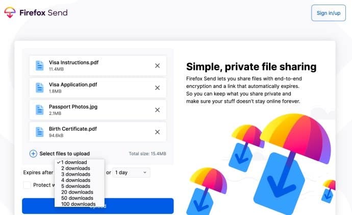 Firefox Send laat je versleutelde bestanden van 2,5 gigabyte delen