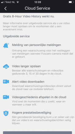 Een screenshot van de Foscam cloudservice-app op een iPhone.