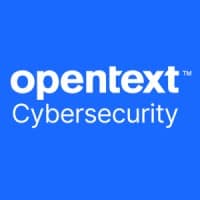 Opentext cyberbeveiligingslogo op een blauwe achtergrond.