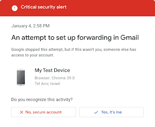 Gmail-sensitive-actions Een poging om doorsturen in Gmail in te stellen.