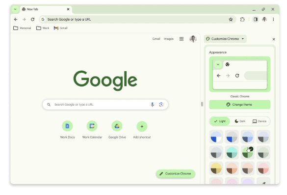 Google-Material-You Een schermafbeelding van een Google Chrome-browser met een groene achtergrond.