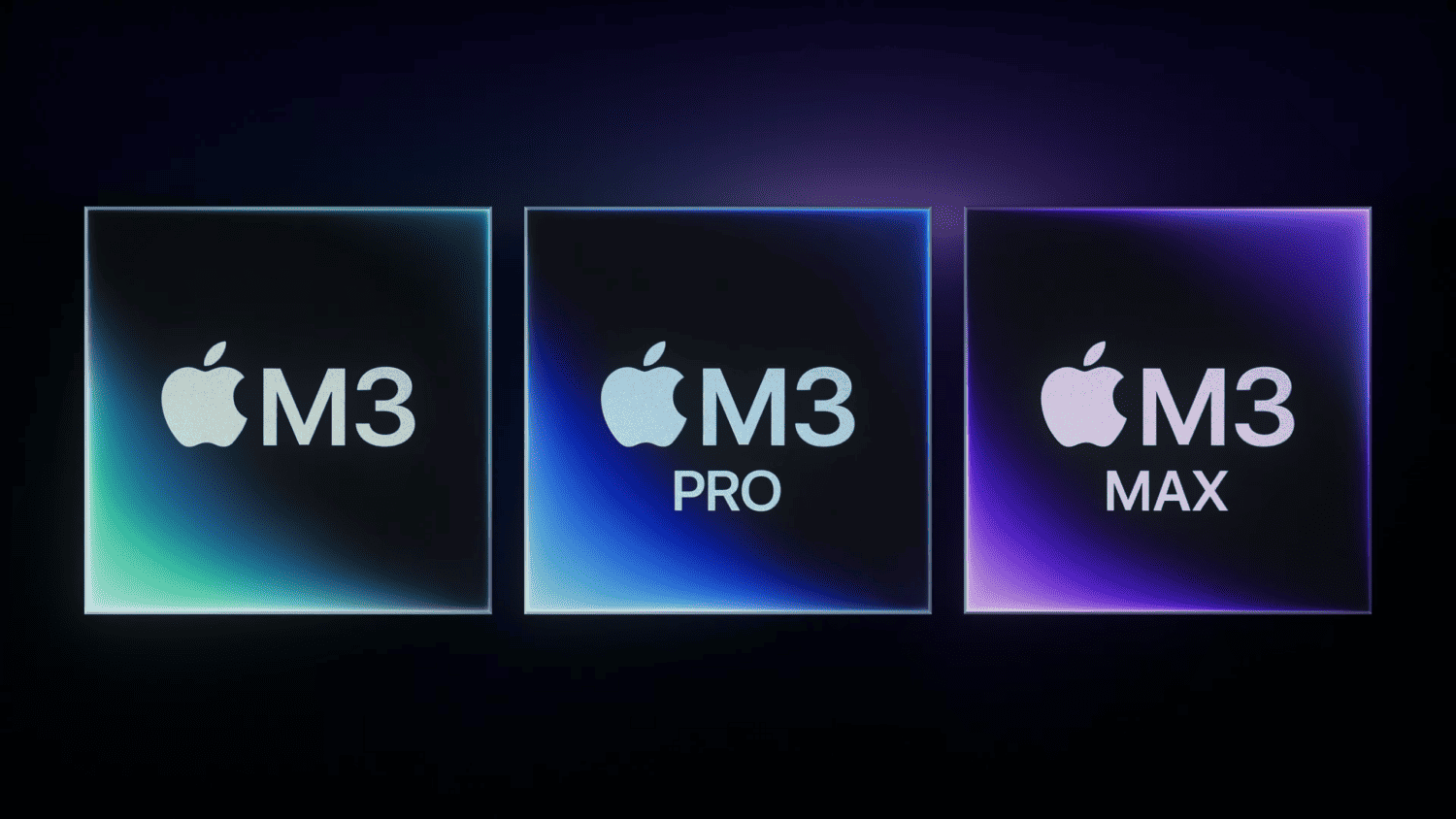 Drie Apple M3- en M3 Pro-logo's op een donkere achtergrond.