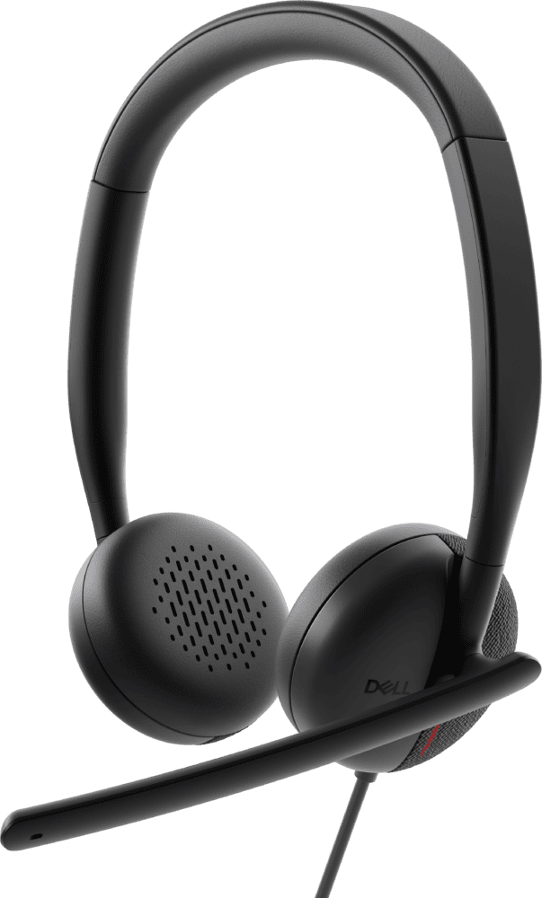 Dell pc-headset met microfoon op een witte achtergrond.