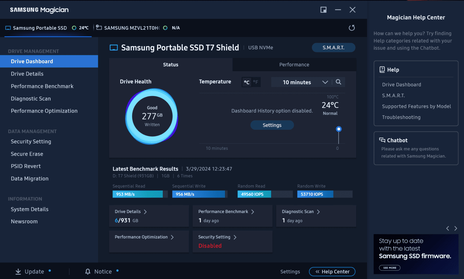 Een screenshot van Samsung Magician-software die de schijfstatus en temperatuur van een Samsung T7 Shield SSD weergeeft, samen met verschillende opties voor beheer en prestatie-optimalisatie.