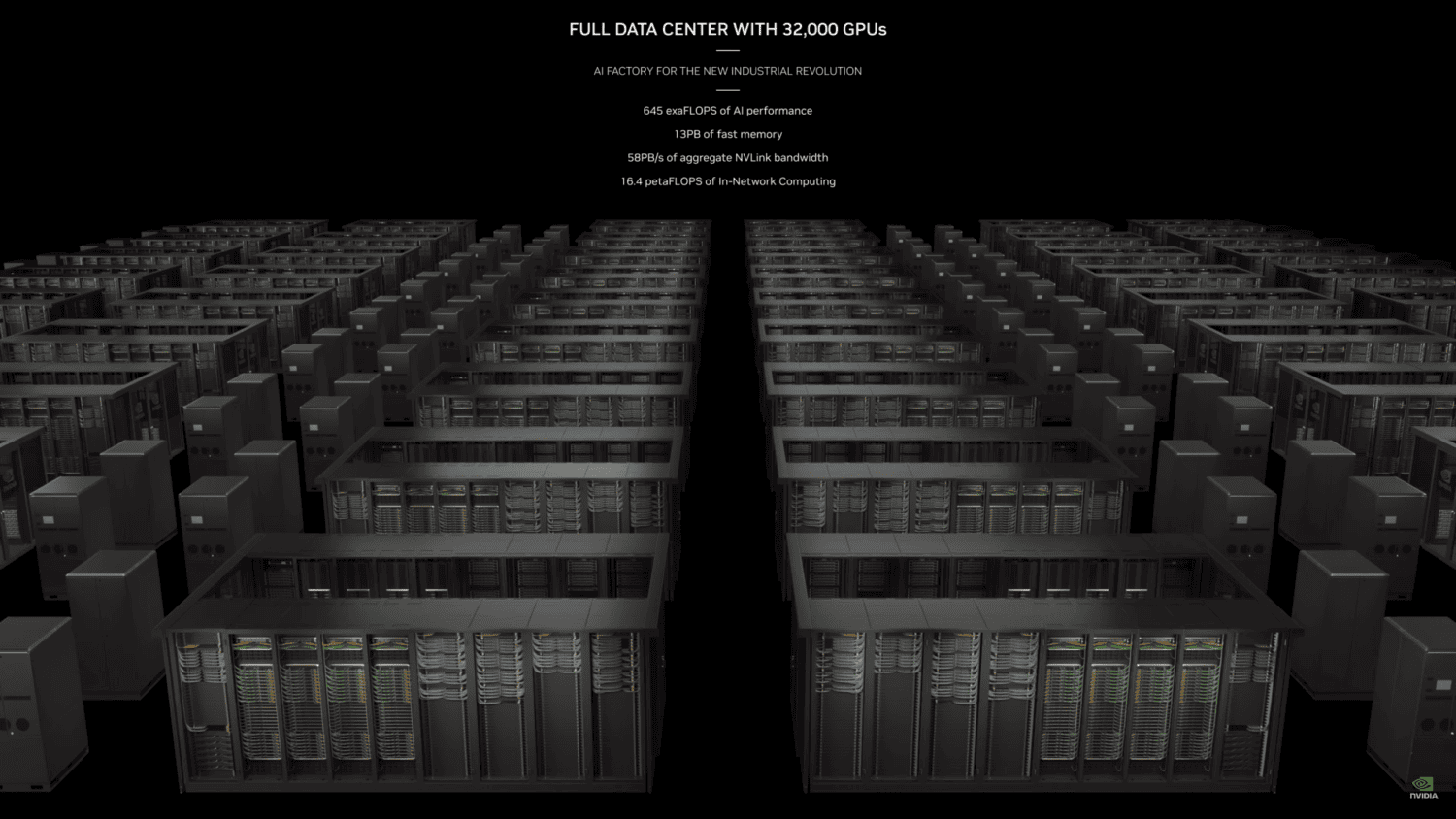 Datacenter met hoge dichtheid met rijen serverracks waarin GPU's zijn ondergebracht, geoptimaliseerd voor krachtige computertaken.