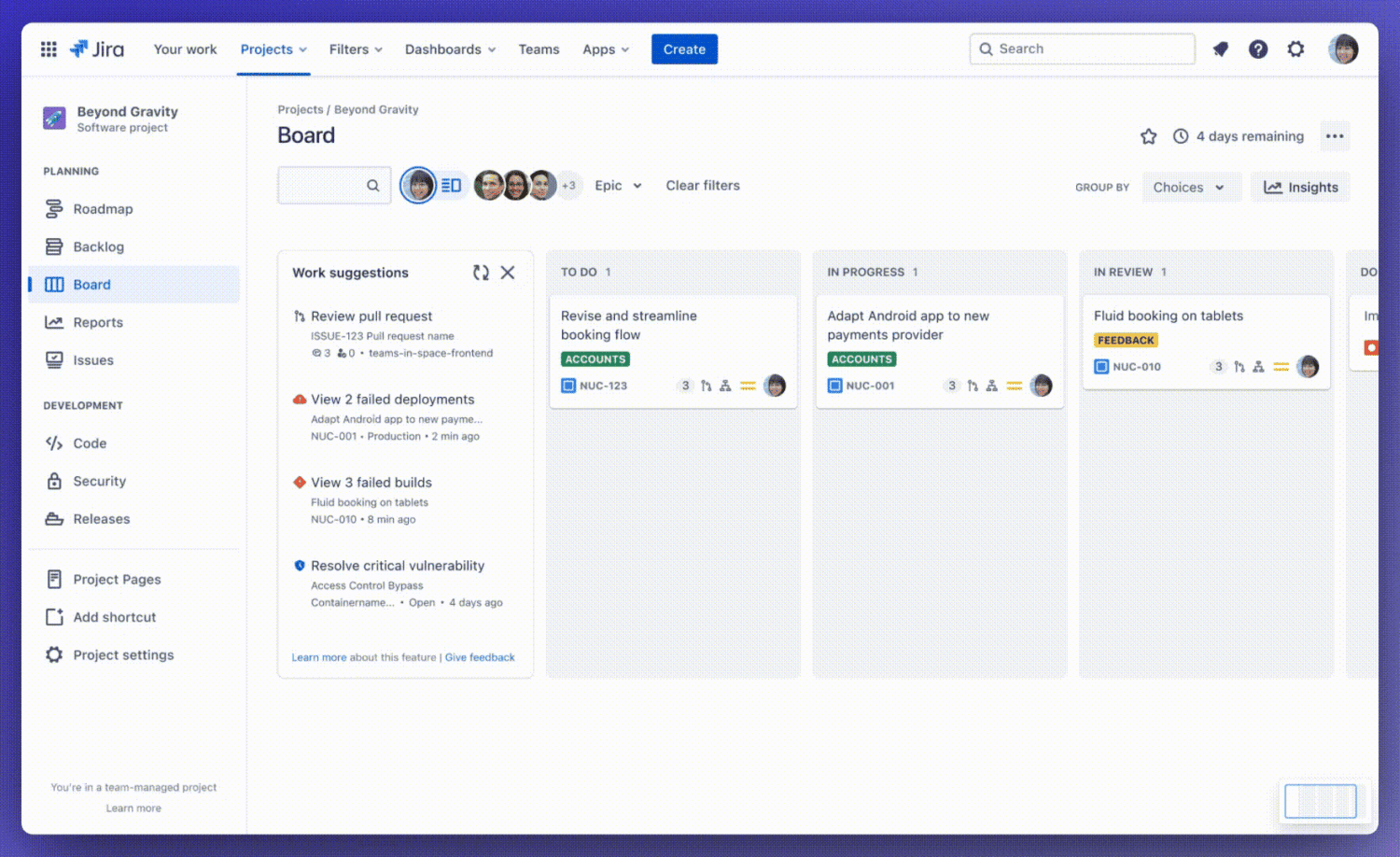 Schermafbeelding van een Jira-dashboard met verschillende projectmanagementtaken en problemen in een kanban-stijl bord.