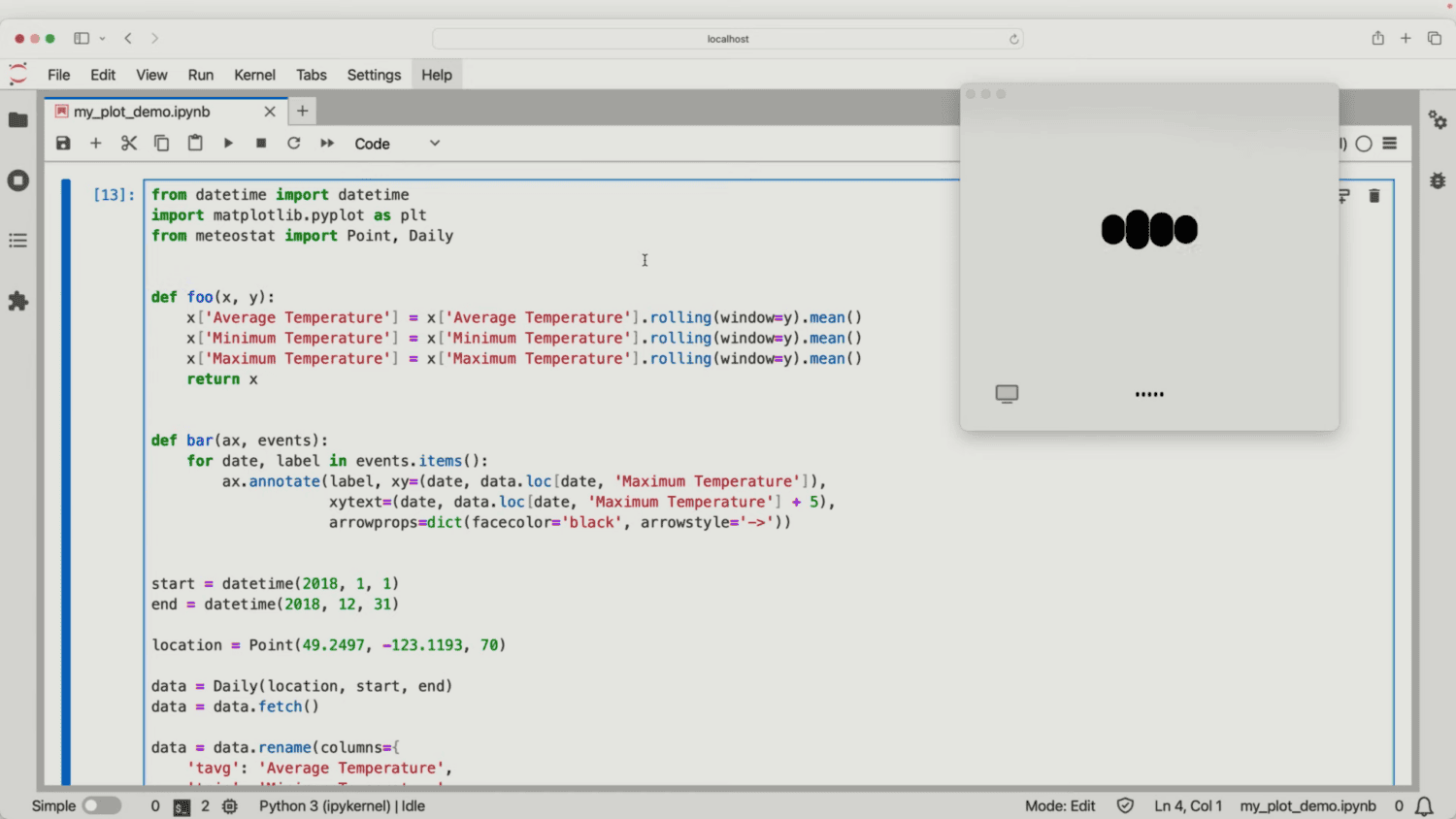 Een schermafbeelding van een Python-script in een Jupyter Notebook op een bureaublad met een overlay-instellingenvenster en een geminimaliseerde bestandsmap op de achtergrond.