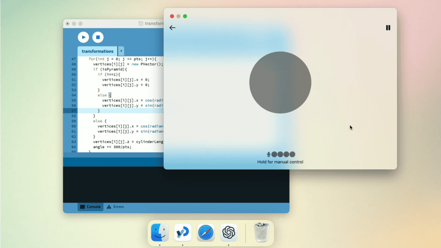 Een computerscherm met code op een teksteditor en een wazige grafische interface, met onderaan taakbalkpictogrammen.
