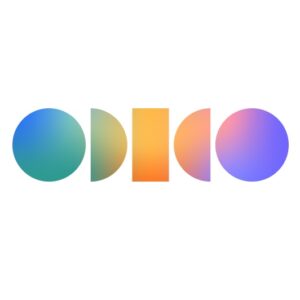 Geometrische vormen in verloopkleuren vormen de tekst "ODICO" tegen een witte achtergrond.
