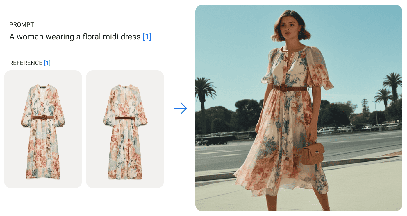 7_blog-imagen-customization.max-1400×1400 Een vrouw draagt een midi-jurk met bloemenmotief en loopt buiten in een zonnige omgeving met palmbomen en een blauwe lucht.
