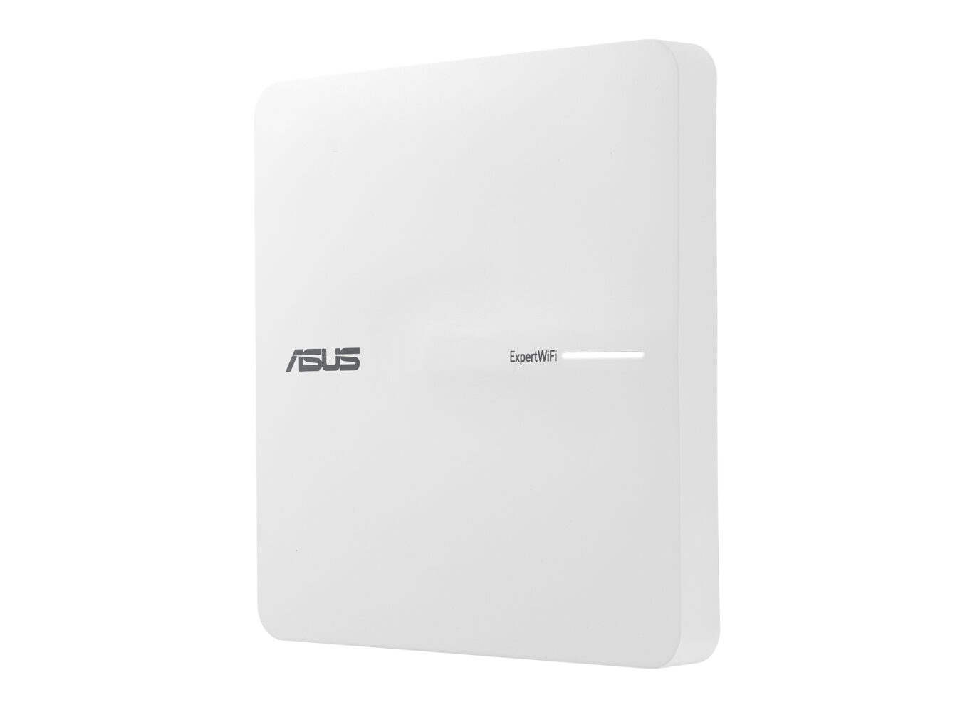 Een wit, vierkant Asus ExpertWiFi-apparaat met een klein led-lampje en Asus-merknaam op de voorkant.