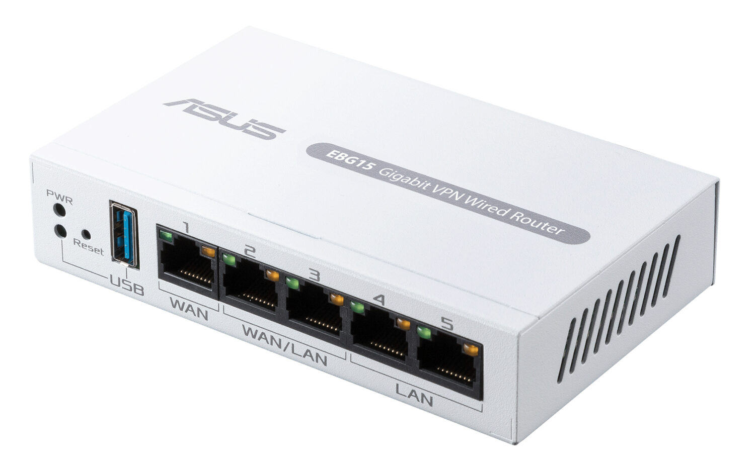 Een witte bekabelde Asus EBG15 Gigabit VPN-router met één USB-poort, vier Ethernet-poorten met de labels WAN/LAN en LAN, plus aan/uit- en resetknoppen.