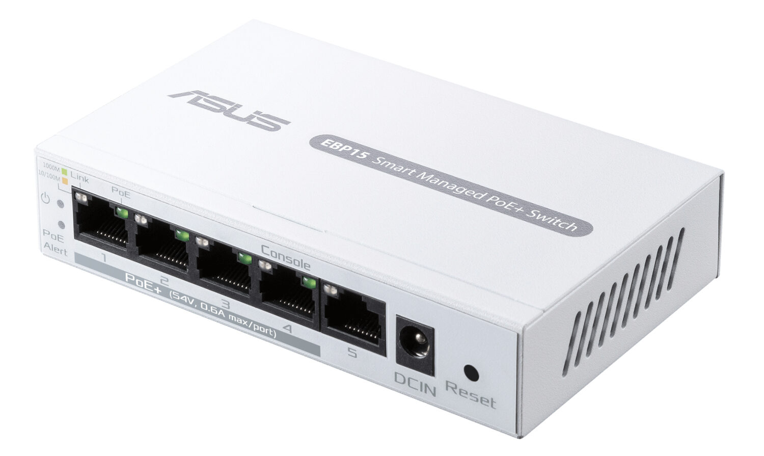 Een witte ASUS EBP15 Smart Managed PoE+ Switch met vier Ethernet-poorten, indicatielampjes, een consolepoort, DC-ingang en resetknop.