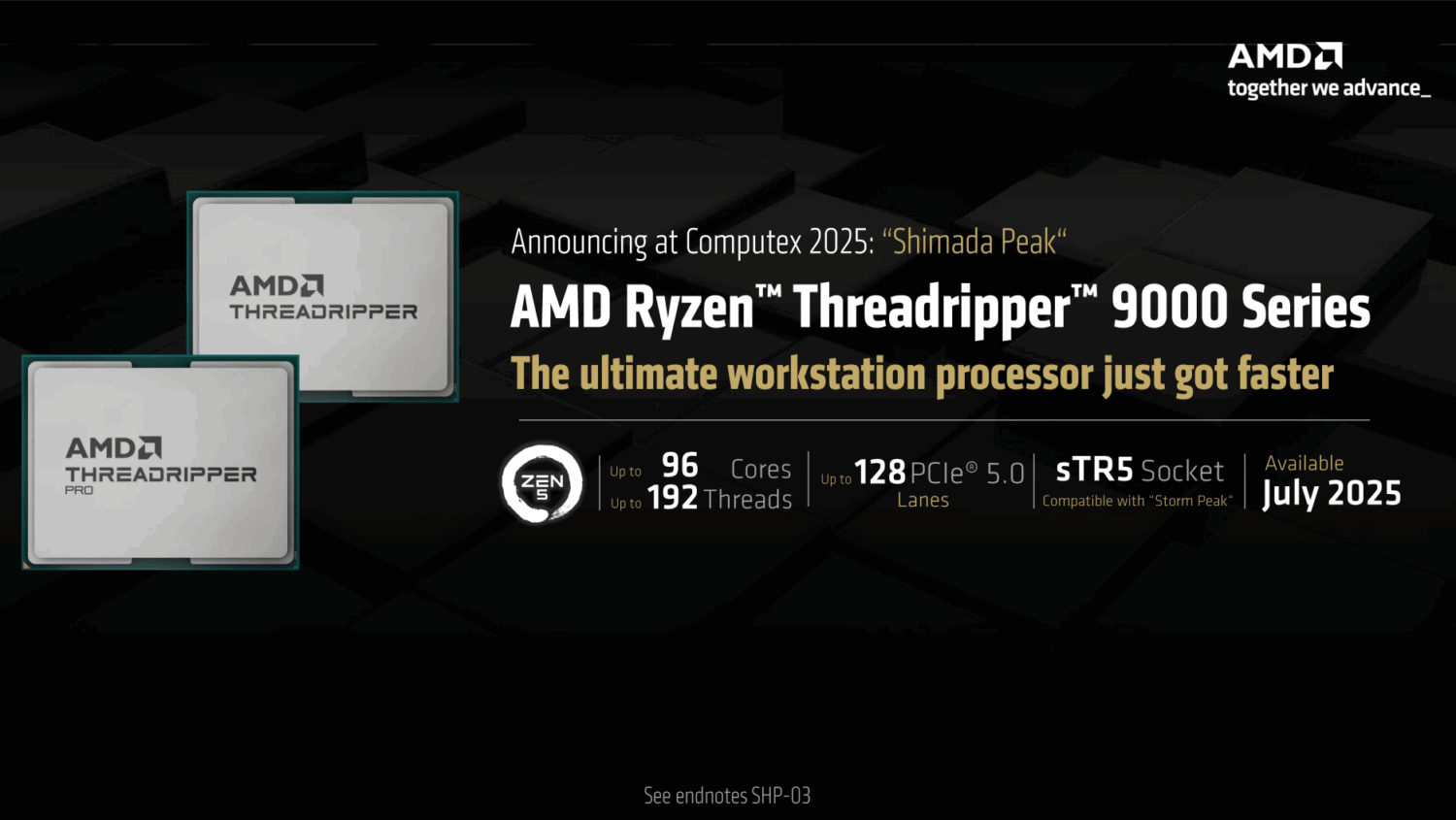 Promotievideo van AMD voor de Ryzen Threadripper 9000-serie, met maximaal 96 cores, 192 threads, 128 PCIe 5.0-lanes en een STR5-socket, verkrijgbaar vanaf juli 2025.