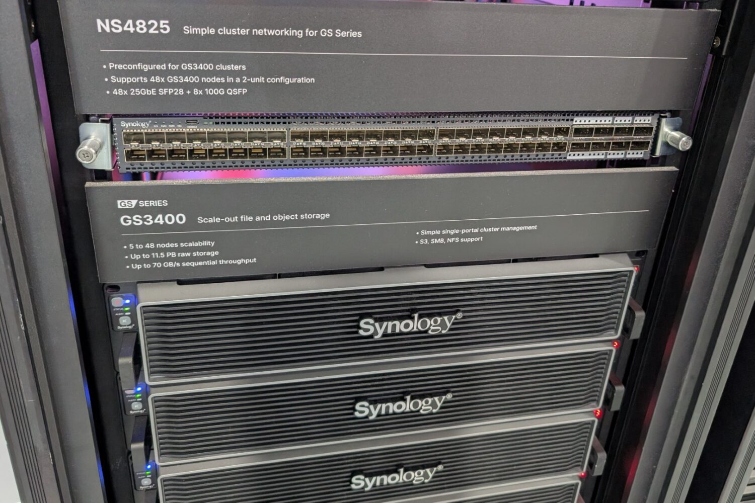 Een serverrack met Synology-opslageenheden, waaronder een Synology PAS7700 en GS Series-netwerkapparatuur, met zichtbare modelnummers NS4825 en GS3400 op de apparaten.