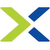 Een logo met twee elkaar kruisende pijlen, waarvan er één groen naar links wijst en één blauw naar rechts, die samen een X-achtig ontwerp vormen.