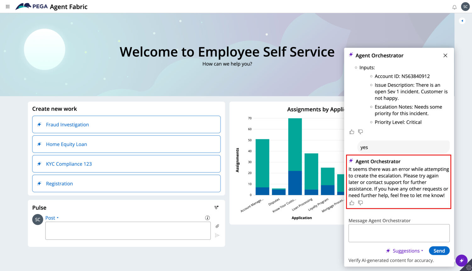 Op een dashboard voor Employee Self Service worden taakopties, een staafdiagram met toepassingstoewijzingen en een chatvenster met een agent weergegeven waarin u informatie kunt krijgen over een fout bij de escalatie van een case.
