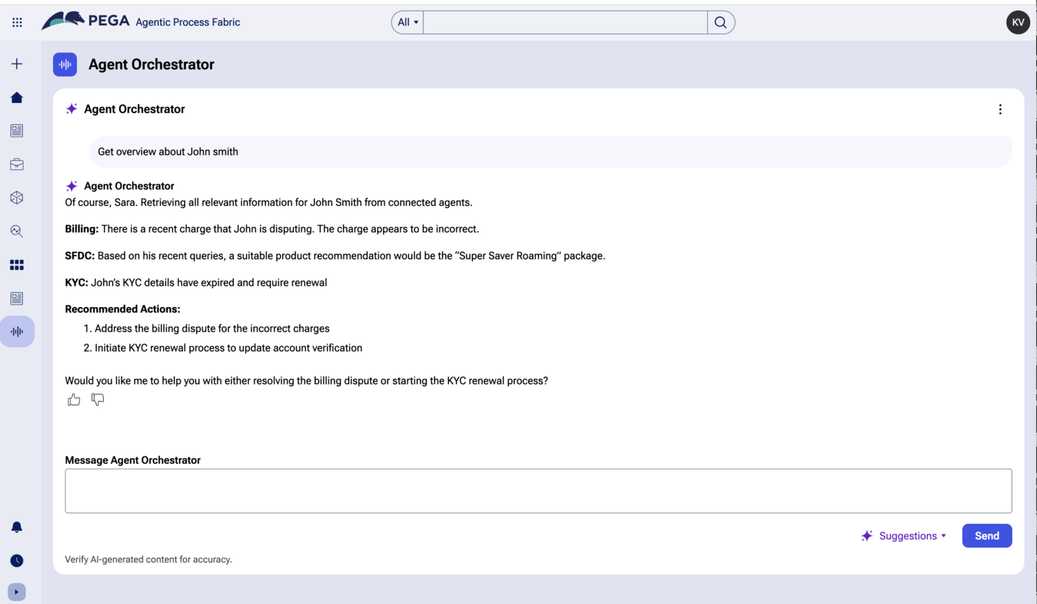 Op een computerscherm wordt de PEGA Agent Orchestrator-interface weergegeven. Hierop worden agentgegevens en aanbevolen acties voor een factuurgeschil van een gebruiker en KYC-verlenging weergegeven.