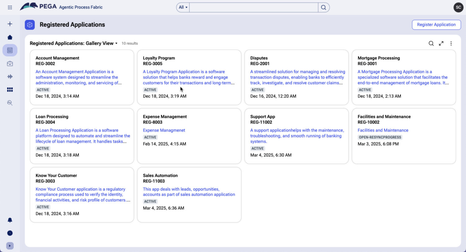 Geregistreerde applicaties worden op een dashboard weergegeven als rechthoekige kaarten. Op elke kaart staat de app-naam, beschrijving en registratiedatum in een raster.