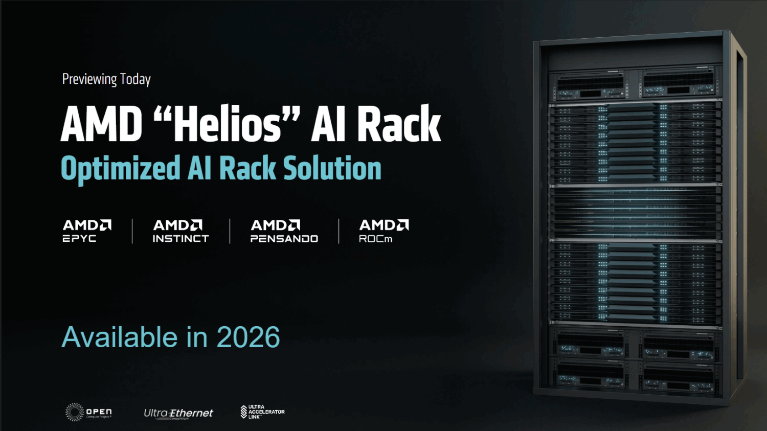 Een serverrack met het label "AMD 'Helios' AI Rack Optimized AI Rack Solution", met logo's voor EPYC, Instinct, Pensando en ROCm; beschikbaar in 2026.