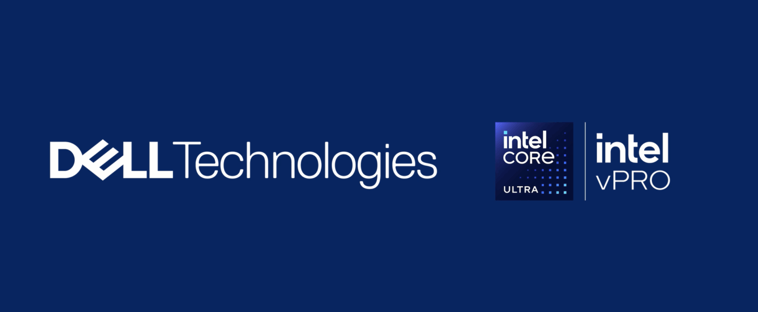 Het Dell Technologies logo links en de Intel Core Ultra en Intel vPro logo's rechts, allemaal op een blauwe achtergrond.