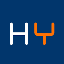 De afbeelding toont de letters "HY" op een donkerblauwe achtergrond, met "H" in het wit en "Y" in het oranje.