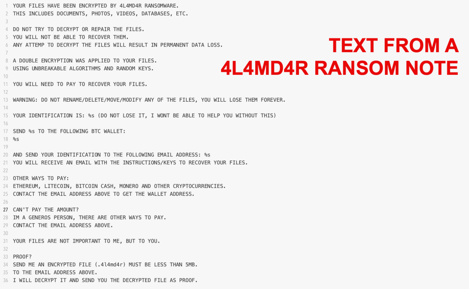 Screenshot van een losgeldbrief van 4L4MD4R ransomware, met details van versleutelde bestanden, waarschuwing tegen bestandswijziging en betaling in cryptocurrency voor herstel.
