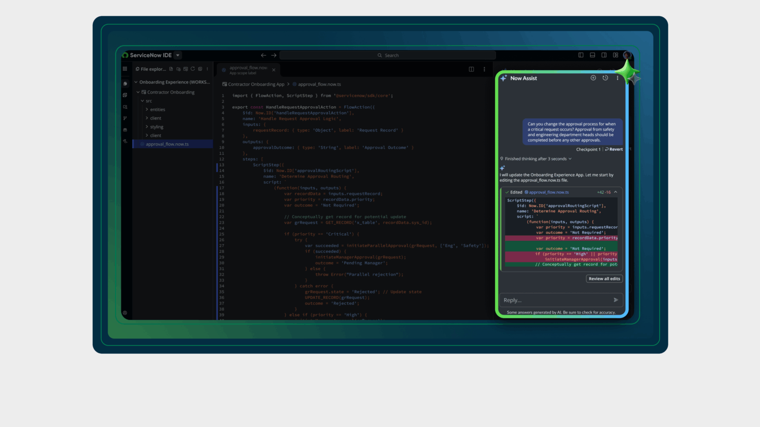 Build Agent Een computerscherm toont code in een editor met donkere thema's, met aan de rechterkant een venster met een AI-chatinterface die codesuggesties geeft, op maat gemaakt voor ServiceNow Zürich-ontwikkelaars.
