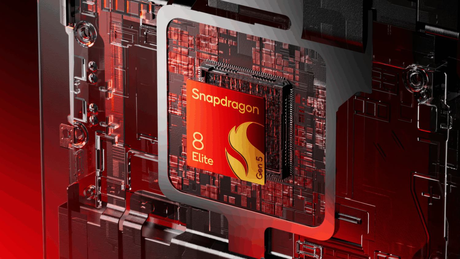 Een close-up van een Snapdragon 8 Gen 3 Elite-chip geïnstalleerd op een printplaat met rode verlichting en reflecterende oppervlakken.