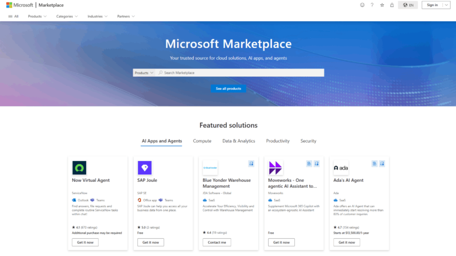 Screenshot van de startpagina van Microsoft Marketplace met een zoekbalk, navigatiemenu en aanbevolen app-oplossingen in categorieën als AI, data analytics en productiviteit.