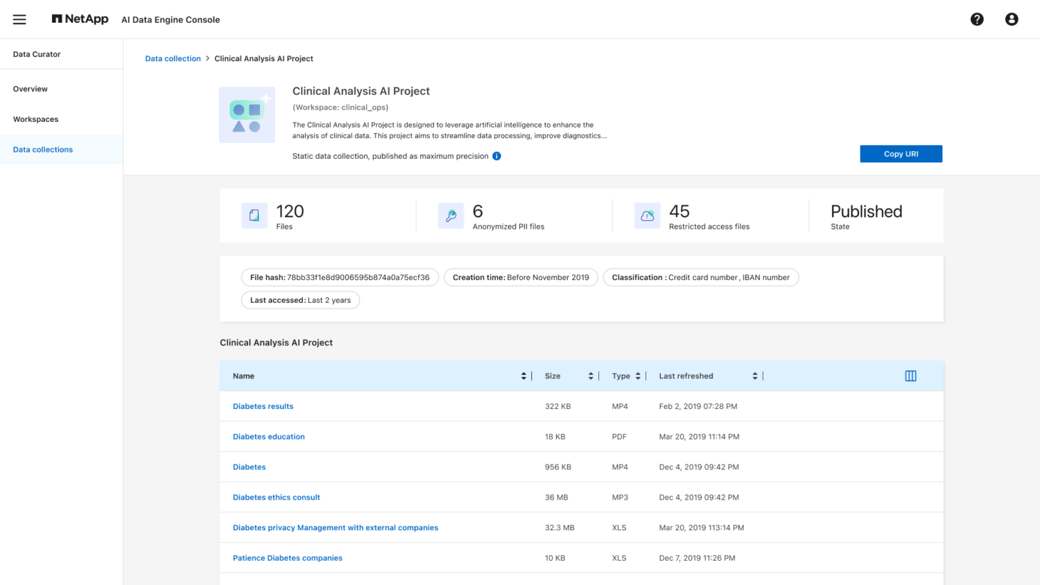 Explorer Data collection details – published Schermafbeelding van de NetApp AI Data Engine Console met een AI-project voor klinische analyse met details over de dataset, waaronder het aantal bestanden, toegangsstatistieken en een tabel met bestanden met medische gegevens.
