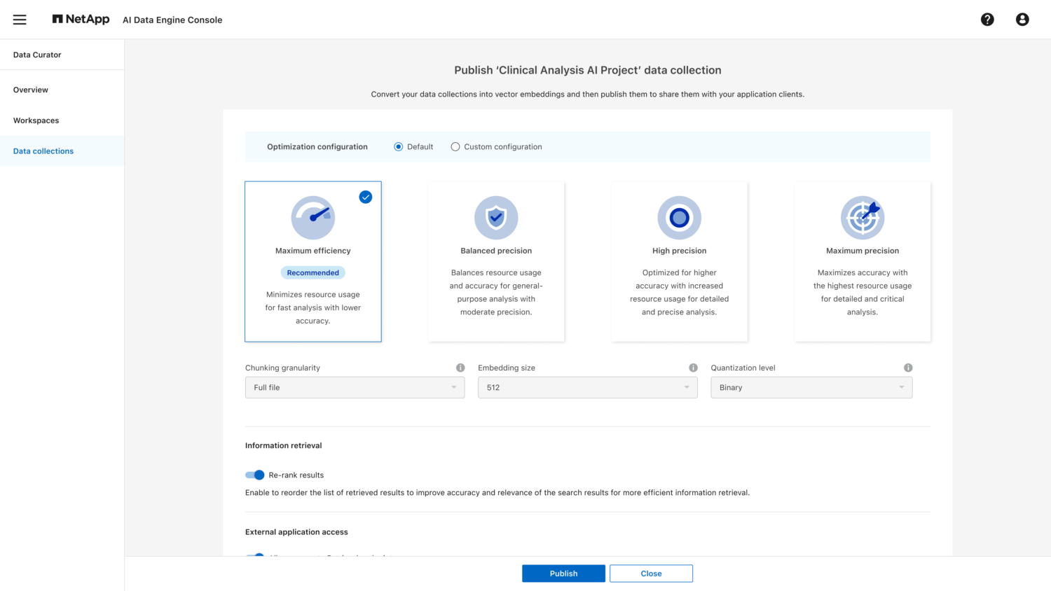 Explorer Data collection publish Een gebruikersinterface voor het publiceren van een gegevensverzameling, met opties voor optimalisatieconfiguratie, het ophalen van informatie en toegang tot externe toepassingen.