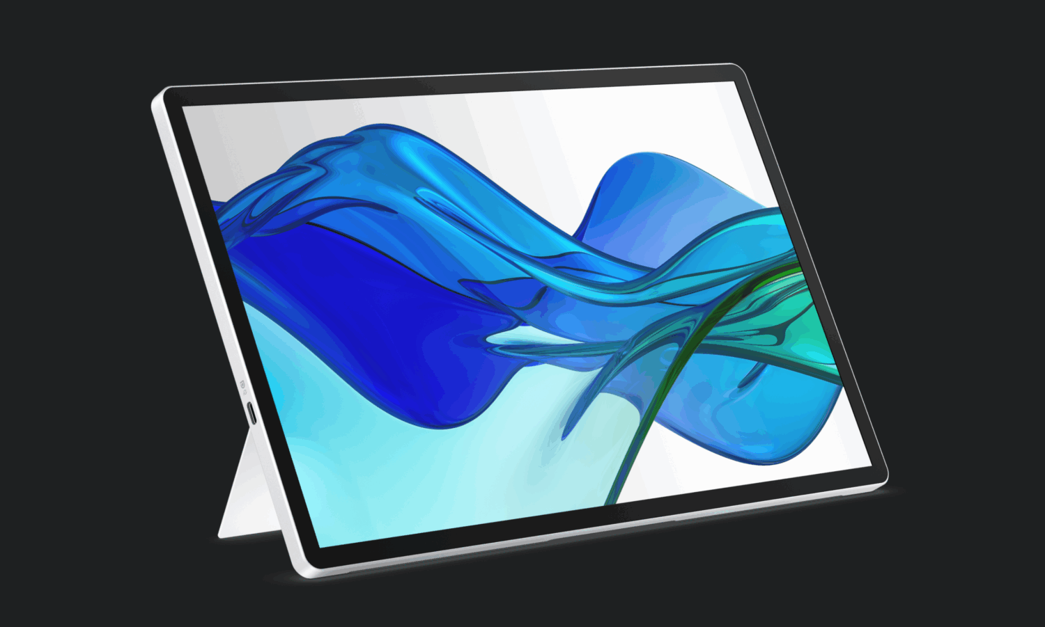 Een tablet met kickstand toont een abstract blauw en groen golfontwerp op het scherm, tegen een donkere achtergrond, om de innovatieve functies van de HP AI-pc te laten zien.