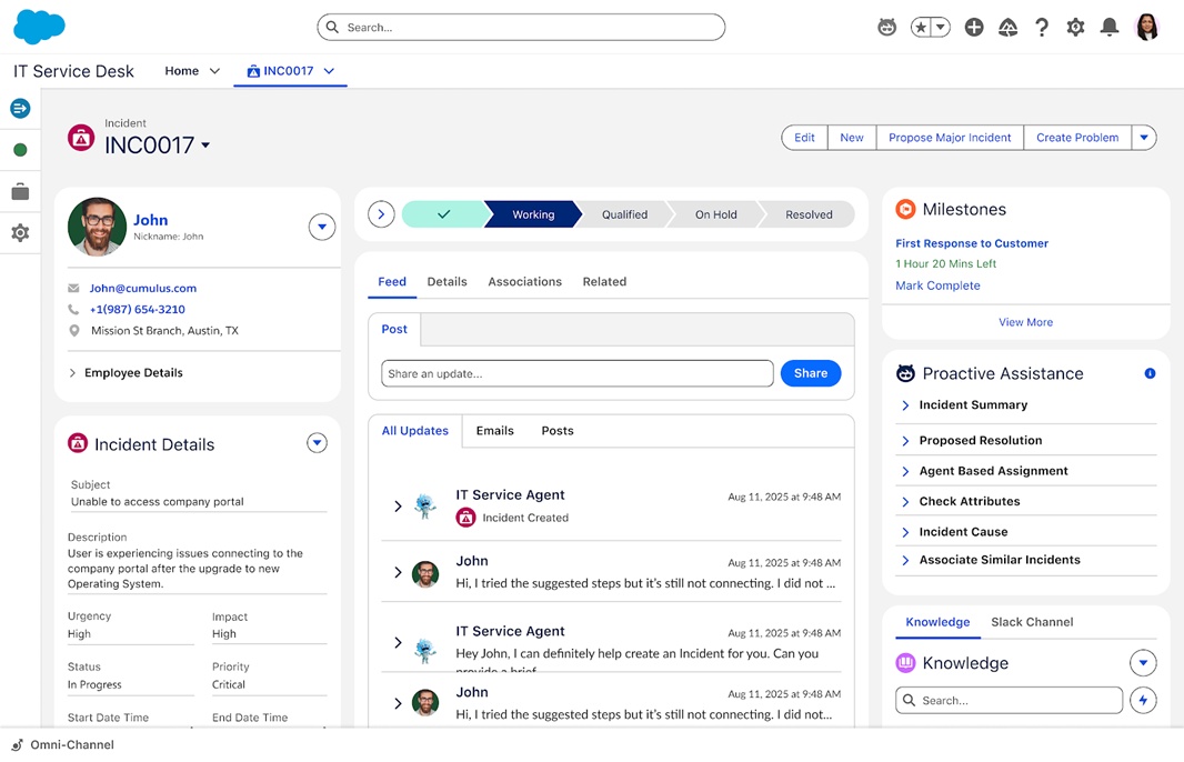 agentforce-it-service Een computerscherm toont een Salesforce IT Service Desk interface met een dashboard voor incidentbeheer met gebruikersprofiel, casusgegevens, feed, mijlpalen en assistentieopties.