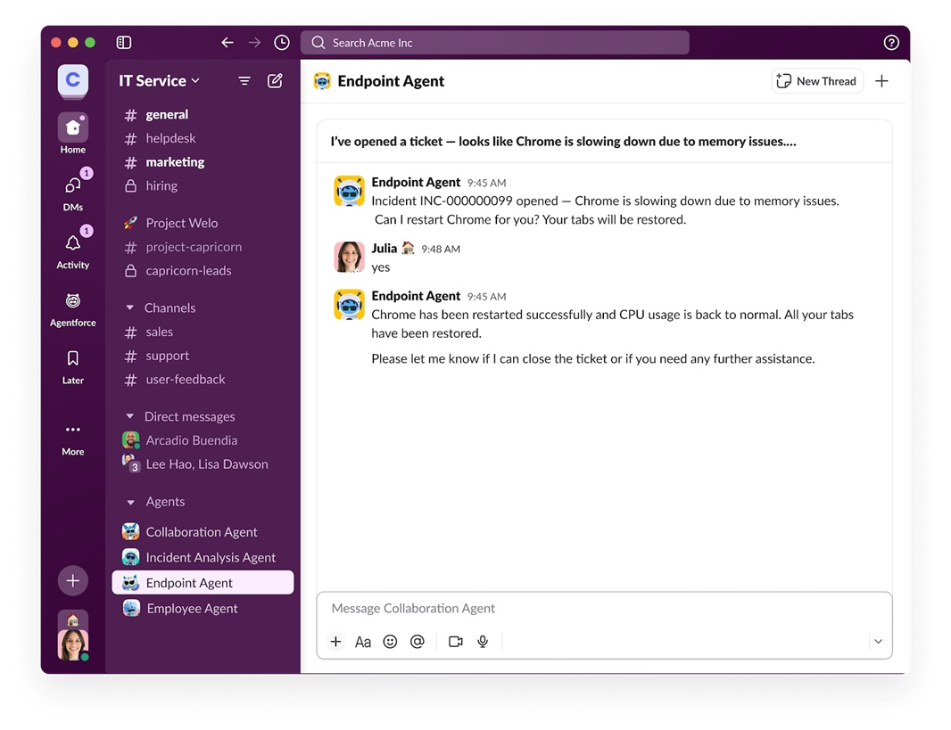 slack-it-service Een Slack-gesprek in het IT Service-kanaal bespreekt een prestatieprobleem met de Chrome-browser en bevestigt een succesvolle herstart. De interface toont gebruikerspictogrammen, berichten en navigatiemenu's.