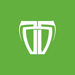 Wit gestileerd schild-achtig logo met kruisende lijnen op een groene achtergrond.