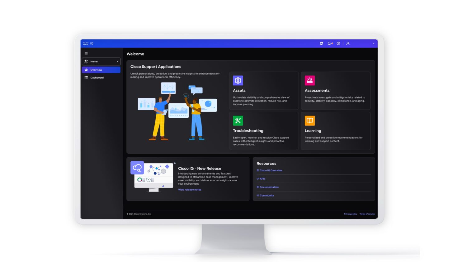 Op een computermonitor wordt het dashboard van Cisco Support Applications weergegeven, met onderdelen als Cisco IQ Assets, Assessments, Troubleshooting, Learning, Release News en Resources.