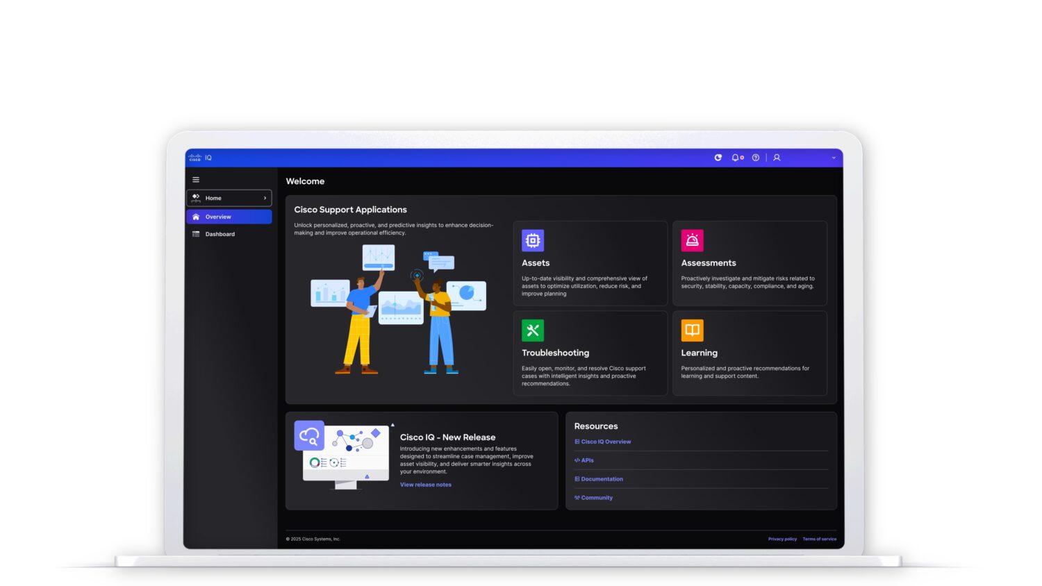 Een laptopscherm toont een dashboard voor Cisco Support Applications, met onderdelen voor Assets, Assessments, Troubleshooting, Learning, News-Release, Resources en de geavanceerde inzichten van Cisco IQ.