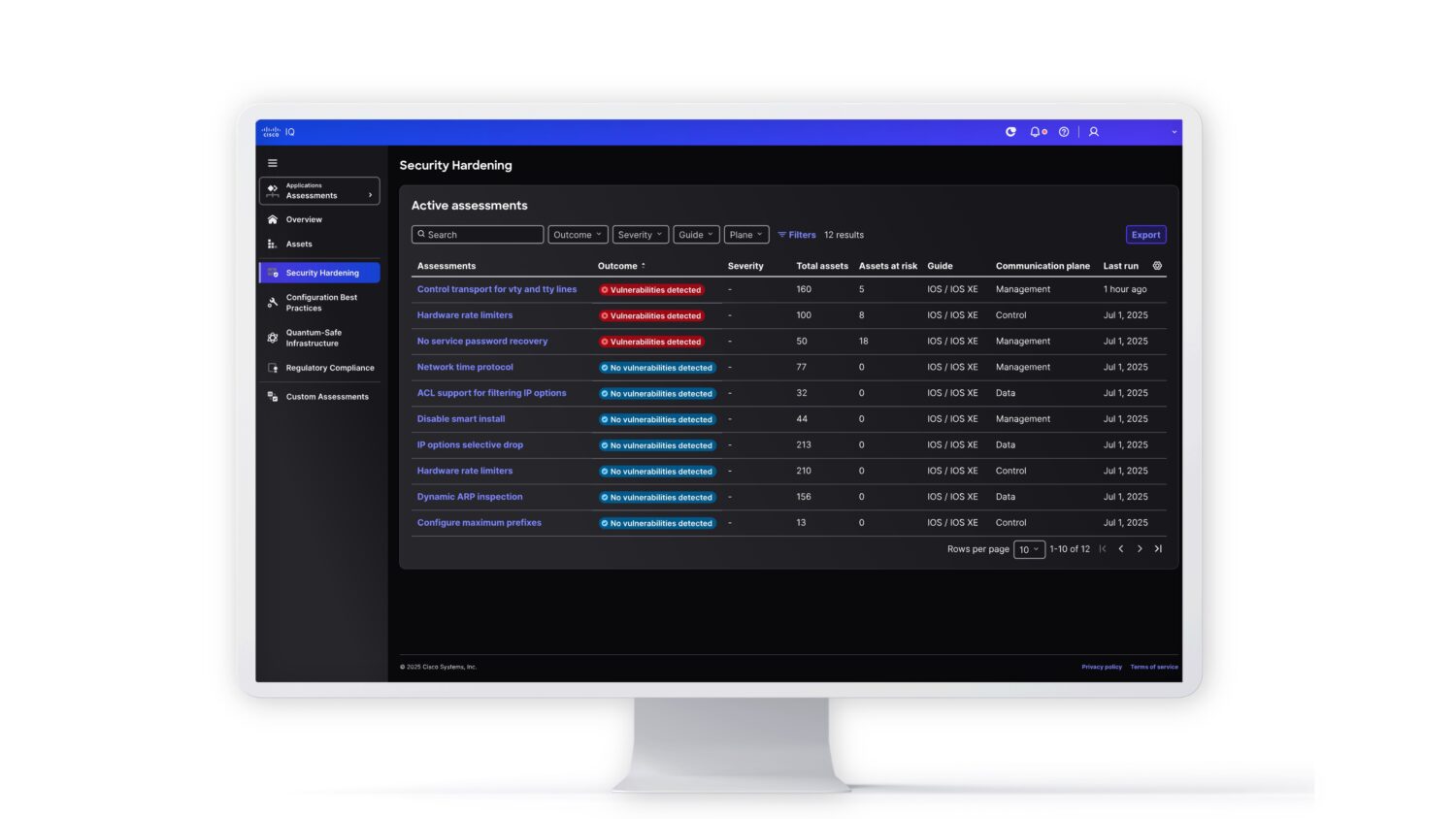 Op een computermonitor wordt een Cisco IQ-dashboard voor beveiligingsverbetering weergegeven met een lijst van actiebeoordelingen, statusindicatoren en beveiligingsscores in een gestroomlijnde interface met een donker thema.