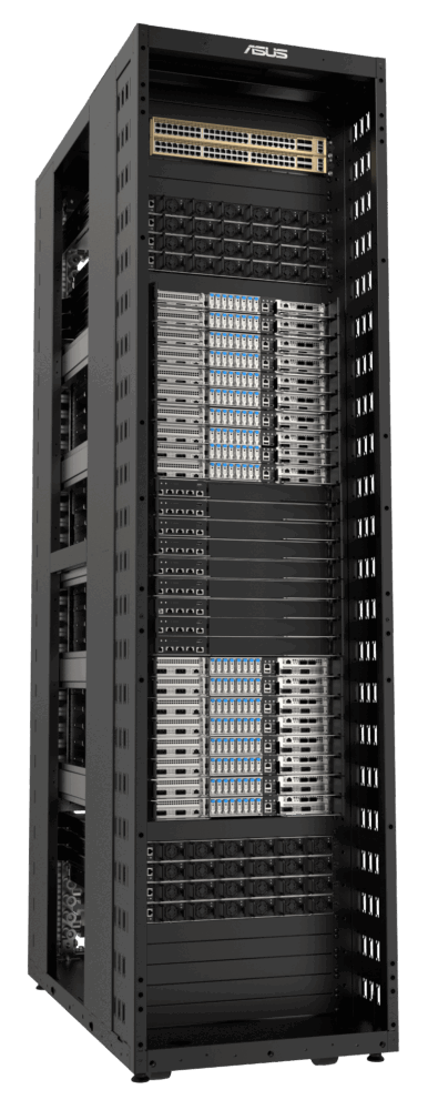 Een zwart serverrack gevuld met meerdere netwerkswitches, servers en apparatuur, met een ASUS-logo bovenaan.