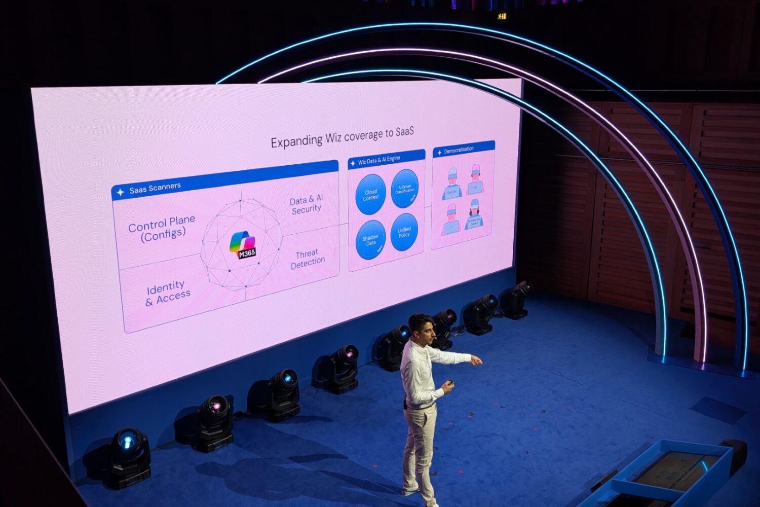 Een man presenteert zich op het podium voor een groot scherm met een diagram over het uitbreiden van de Wiz-dekking naar SaaS, met secties over control planes, beveiliging en bedreigingsdetectie.
