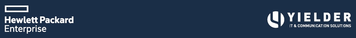 Logo's van Hewlett Packard Enterprise en Yielder T.I. Communication Solutions op een donkerblauwe achtergrond.