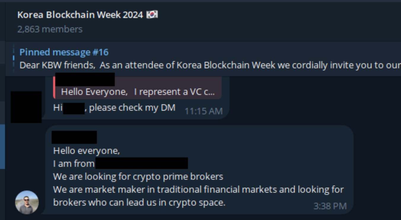 image Screenshot van een Telegram-chat over de Korea Blockchain Week 2024, met berichten van gebruikers die op zoek zijn naar crypto prime brokers en market-making mogelijkheden.
