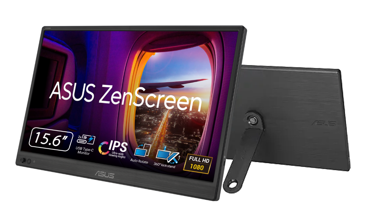 ASUS ZenScreen draagbare monitor met een 15,6-inch scherm, getoond vanaf de voor- en achterkant, met Full HD 1080p resolutie en ingebouwde standaard.